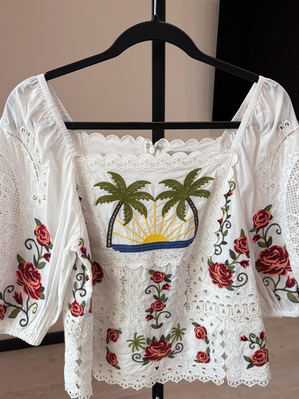 Farm Rio Off-White Tropi Scarf Embroidered Blouse - Picture 2 of 9